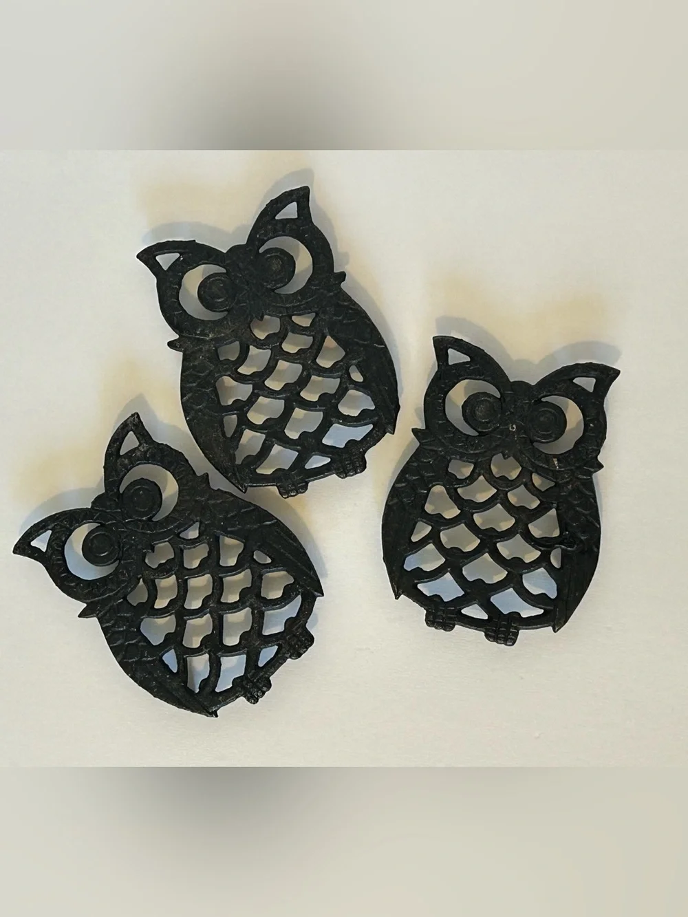 Vintage iron black owl trivets Taiwan set of three